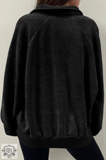 Black Solid Snap Buttons Collared Balloon Sleeve Oversized Sweatshirt - Tops/Sweatshirts & Hoodies