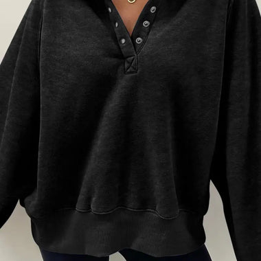 Black Solid Snap Buttons Collared Balloon Sleeve Oversized Sweatshirt - Black / S / 80% Cotton + 20% Polyester