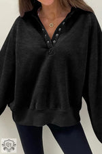 Black Solid Snap Buttons Collared Balloon Sleeve Oversized Sweatshirt - Black / S / 80% Cotton + 20% Polyester