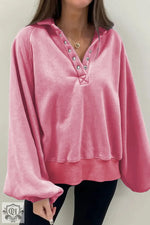 Black Solid Snap Buttons Collared Balloon Sleeve Oversized Sweatshirt - Pink / S / 80% Cotton + 20% Polyester