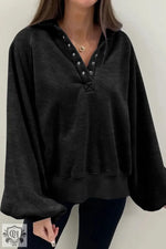 Black Solid Snap Buttons Collared Balloon Sleeve Oversized Sweatshirt - Tops/Sweatshirts & Hoodies