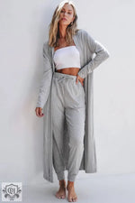 Black Split Long Cardigan and Skinny Pants Lounge Set - Light Grey / S / 65% Polyester + 30% Viscose + 5% Elastane