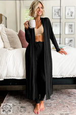 Long black knit cardigan styled open front, perfect for relaxing in various sizes