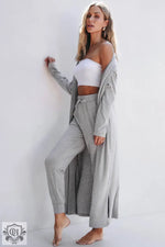 Casual loungewear set with a white crop top, gray pants, and matching long cardigan for relax relax