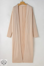 Long beige knit cardigan with open front and full-length sleeves for relax relax styles