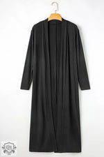 Long black open-front cardigan on a hanger, perfect for relax relax in Euro sizes