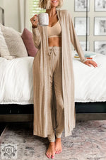 Cozy beige loungewear set with long cardigan and matching pants, available in Euro sizes