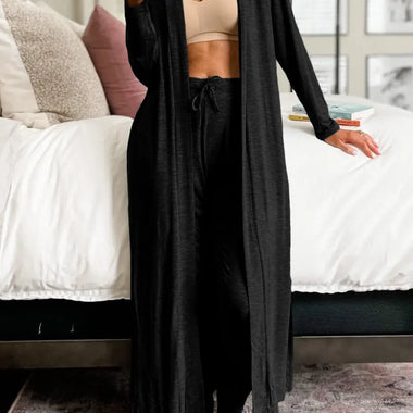 Long black knit cardigan with open front styling for a relaxed lounge set in euro sizes