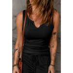 Black Split Neck Ribbed Knit Tank Top - Black / S / 95% Polyester + 5% Spandex - Tops/Tank Tops