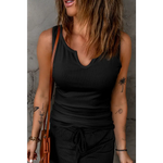 Black Split Neck Ribbed Knit Tank Top - Tops/Tank Tops