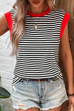 Striped sleeveless top with red trim and denim shorts for relaxed summer styles in euro sizes