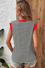 Striped black and white sleeveless top with red trim in sizes euro sizes for relax relax