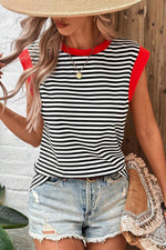 Striped sleeveless top with red trim and distressed denim shorts in Euro sizes