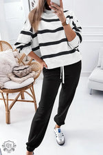 Black Stripe Drop Shoulder Pullover and Jogger Pants Set - Black Stripe / S / 100% Polyester - Two Piece Sets/Pant Sets