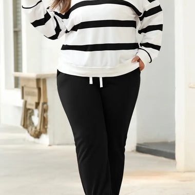 Black Stripe Drop Shoulder Pullover and Jogger Pants Set - Two Piece Sets/Pant Sets