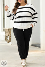 Black Stripe Drop Shoulder Pullover and Jogger Pants Set - Two Piece Sets/Pant Sets