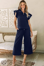 Navy blue ruffle-sleeved lounge set ideal for relaxed styles in various sizes, bust and waist