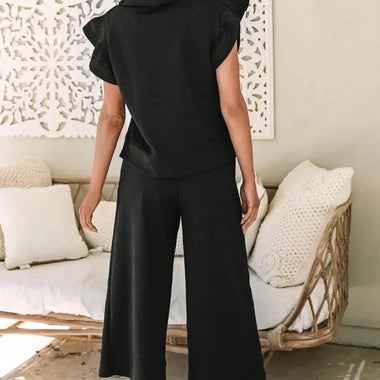 Black Textured Flutter Sleeve Top and Wide Leg Pants Set in various sizes for bust and waist