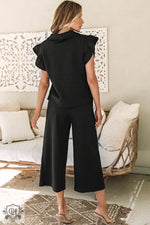 Black Textured Flutter Sleeve Top and Wide Leg Pants Set in various sizes for bust and waist