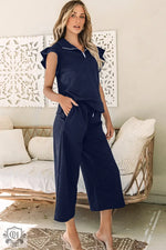 Navy blue two-piece lounge set, ideal for comfort, featuring sizes for bust and waist