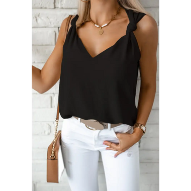 Black V Neck Knotted Shoulder Vest - Black / S / 100% Polyester - Tops/Tank Tops