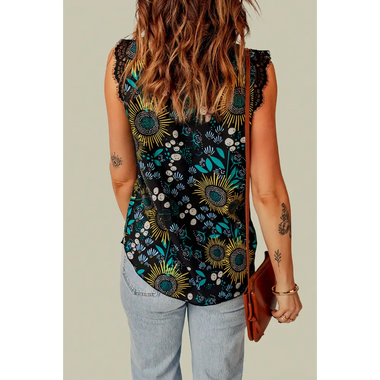 Black V Neck Lace Trim Floral Tank - Tops/Tank Tops