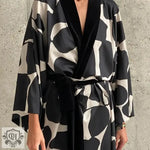 Black and white patterned silk collared robe with velvet trim for elegant comfort