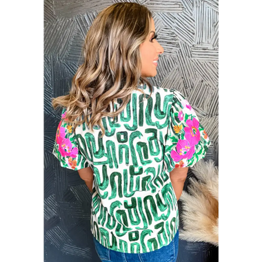 Blackish Green Embroidered Puff Sleeve Frilled Neck Printed Top - Tops/Tops & Tees