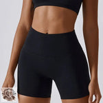 Black athletic shorts featuring a high waist design from the Block Colour High Waist Yoga Shorts