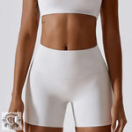 White block colour high waist yoga shorts designed for athletic performance and comfort