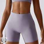 Lavender Block Colour High Waist Yoga Shorts for stylish and comfortable workouts