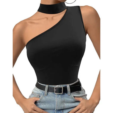 Block Colour Oblique Shoulder Bodysuit - QH Clothing