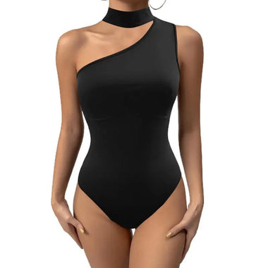 Block Colour Oblique Shoulder Bodysuit - QH Clothing