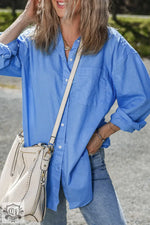 Light blue Boyfriend Chest Pocket Tunic Shirt with rolled-up sleeves and jeans