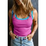 Blue Colorblock Edge Ribbed Knit U Neck Tank Top - Bright Pink / S / 80% Viscose + 20% Polyamide - Tops/Tank Tops