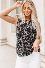 Navy blue sleeveless blouse with floral print for sizes bust shoulder and relaxed style