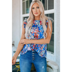 Blue Floral Print Tank Top with Ruffles - Blue / S / 95% Polyester + 5% Elastane - Tops/Tank Tops