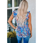 Blue Floral Print Tank Top with Ruffles - Tops/Tank Tops