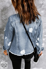 Blue Lapel Distressed Raw Hem Buttons Denim Jacket - Outerwear/Denim jackets