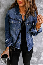 Blue Lapel Distressed Raw Hem Buttons Denim Jacket - Outerwear/Denim jackets