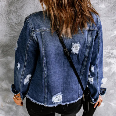 Blue Lapel Distressed Raw Hem Buttons Denim Jacket - Outerwear/Denim jackets