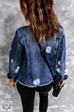 Blue Lapel Distressed Raw Hem Buttons Denim Jacket - Outerwear/Denim jackets