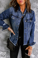 Blue Lapel Distressed Raw Hem Buttons Denim Jacket - Blue / S / 78% cotton + 22% Polyester - Outerwear/Denim jackets