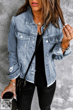 Blue Lapel Distressed Raw Hem Buttons Denim Jacket - Sky Blue / S / 78% cotton + 22% Polyester - Outerwear/Denim jackets