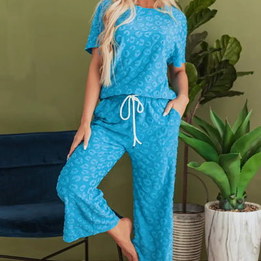 Blue Leopard Jacquard Short Sleeve Top and Wide Leg Pants Set for relaxed lounging