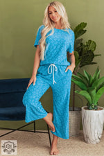 Blue Leopard Jacquard Short Sleeve Top and Wide Leg Pants Set for relaxed lounging