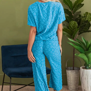 Blue Leopard Jacquard Short Sleeve Top and Wide Leg Pants Set for ultimate relax relax