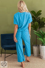 Blue Leopard Jacquard Short Sleeve Top and Wide Leg Pants Set for ultimate relax relax