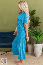 Blue Leopard Jacquard Short Sleeve Top and Wide Leg Pants Set for stylish relaxation