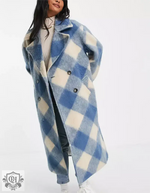 Blue Plaid Collared Loose Coat - QH Clothing